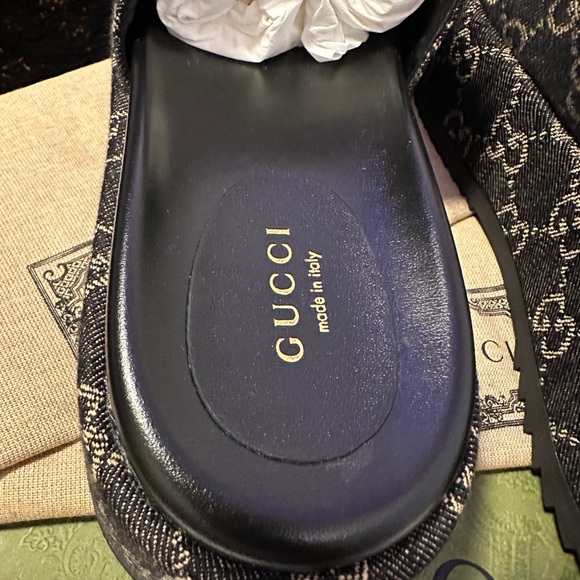 💯🌺 GUCCI Angelina GG logo denim platform slides sandals - Picture 6 of 12